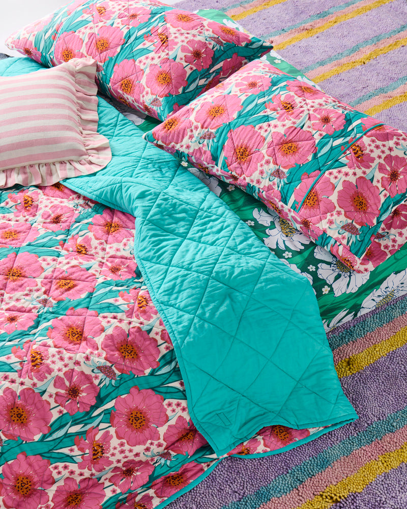 Tumbling Flowers Pink Quilted Bedspread