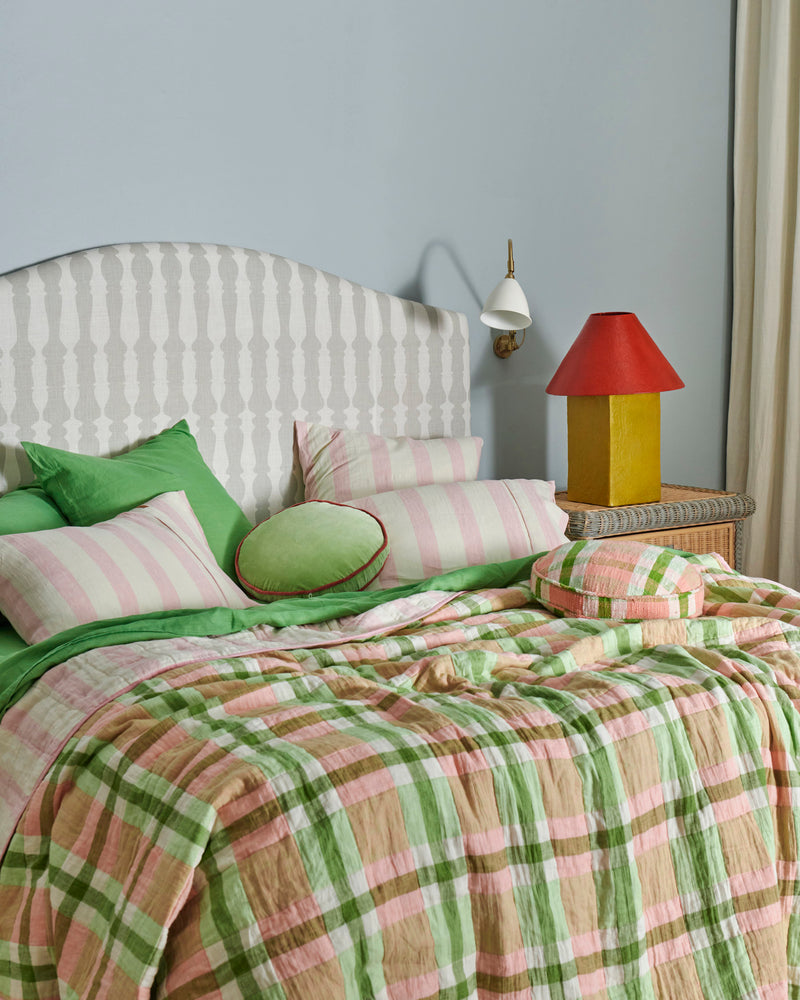 Pistachio Tartan Reversible Linen Quilted Bedspread