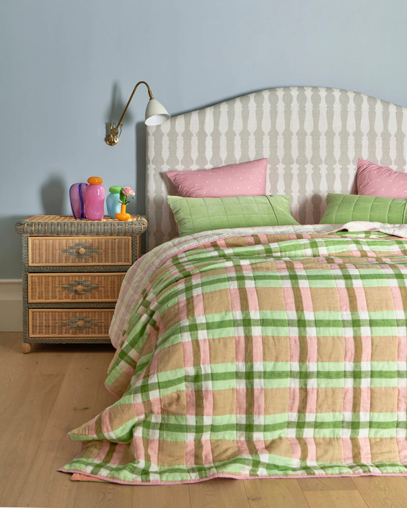 Pistachio Tartan Reversible Linen Quilted Bedspread