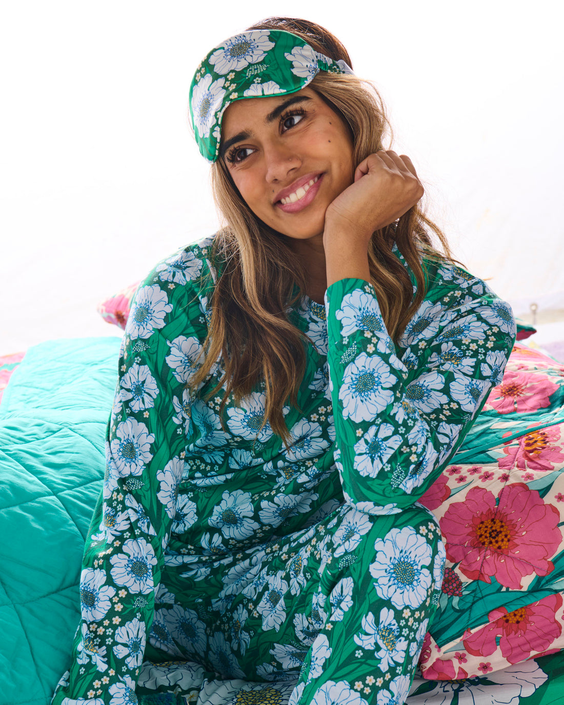 Tumbling Flowers Green Organic Cotton Long Sleeve Pyjama Top & Slouch Pant Set