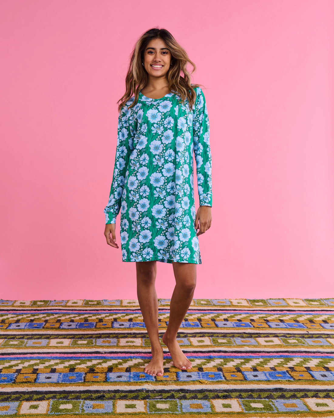 Tumbling Flowers Green Organic Cotton Long Sleeve Nightie