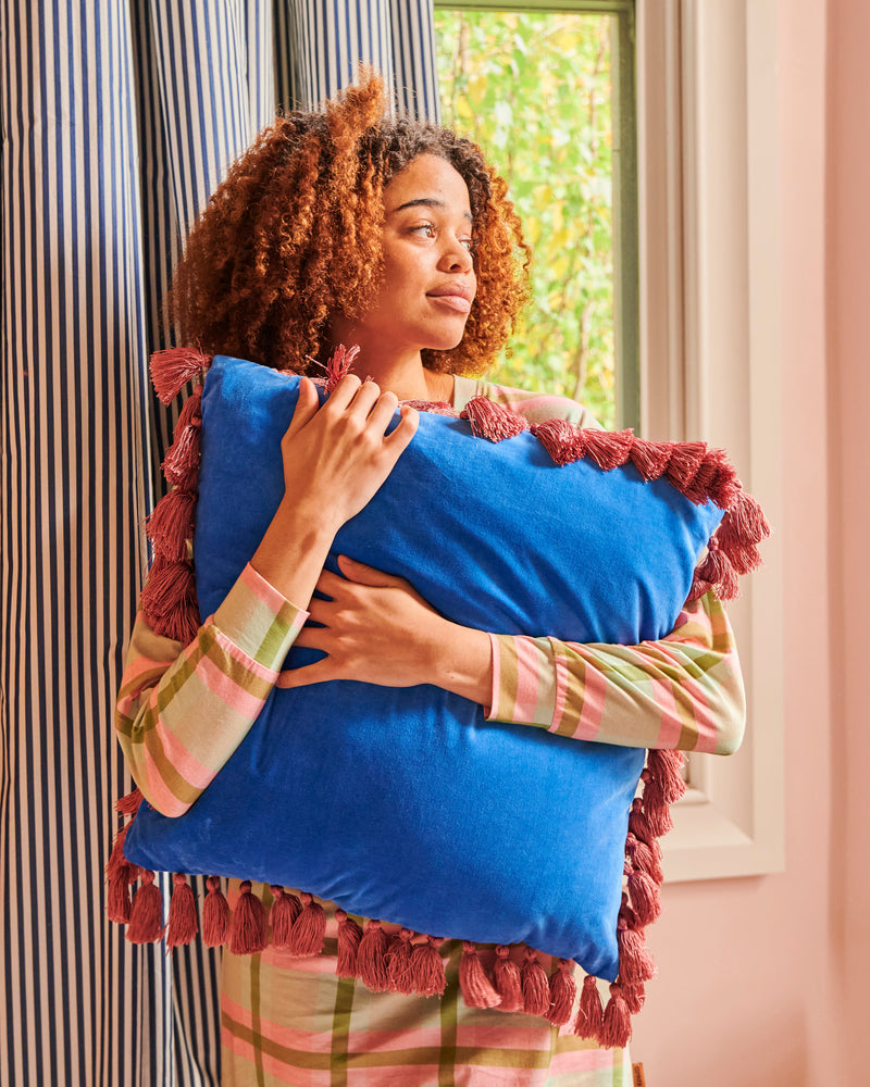 Sapphire Blush Velvet Tassel Cushion