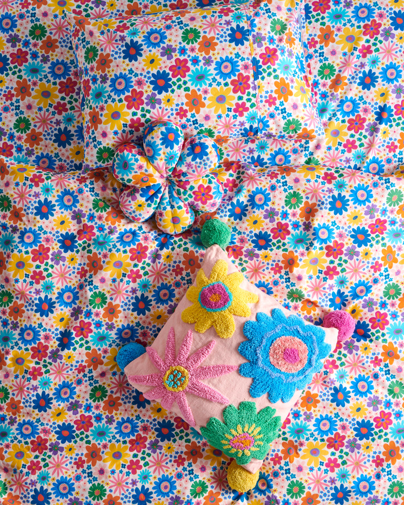 Rainbow Flowers Tufted Pom Pom Cushion