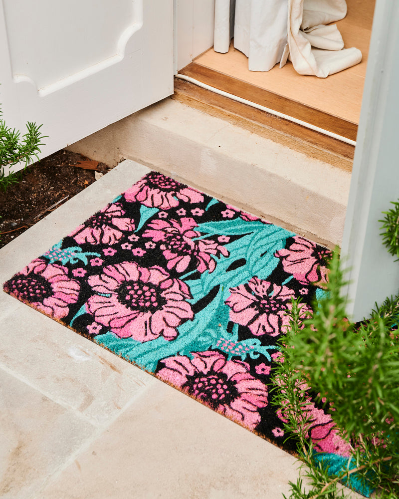 Tumbling Flowers Black Coir Door Mat