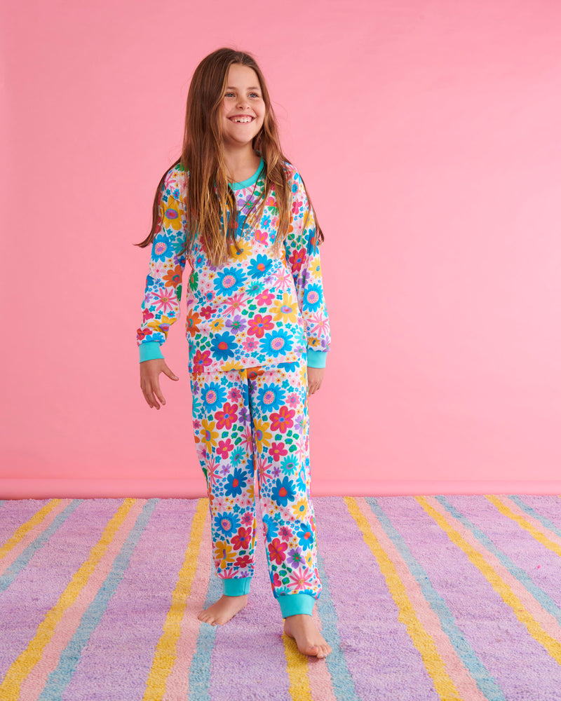 Rainbow Flowers Organic Cotton Long Sleeve Top & Pant Pyjama Set