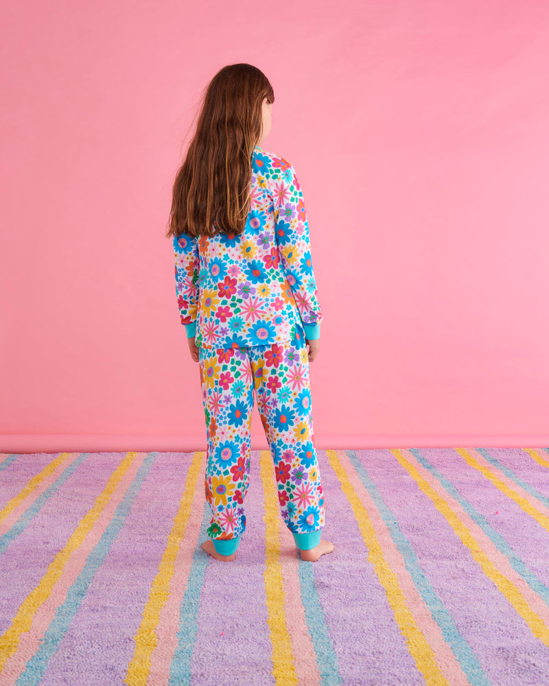 Rainbow Flowers Organic Cotton Long Sleeve Top & Pant Pyjama Set