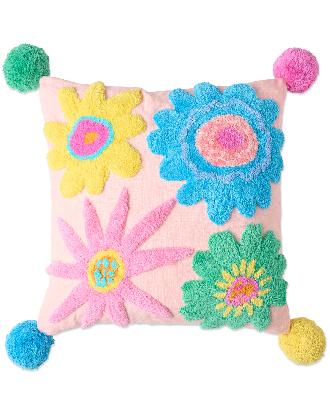 Rainbow Flowers Tufted Pom Pom Cushion