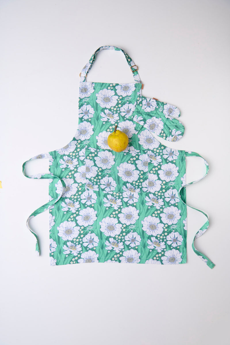 Tumbling Flowers Green Linen Apron