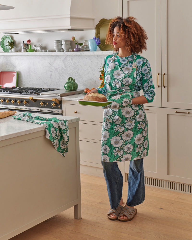 Tumbling Flowers Green Linen Apron