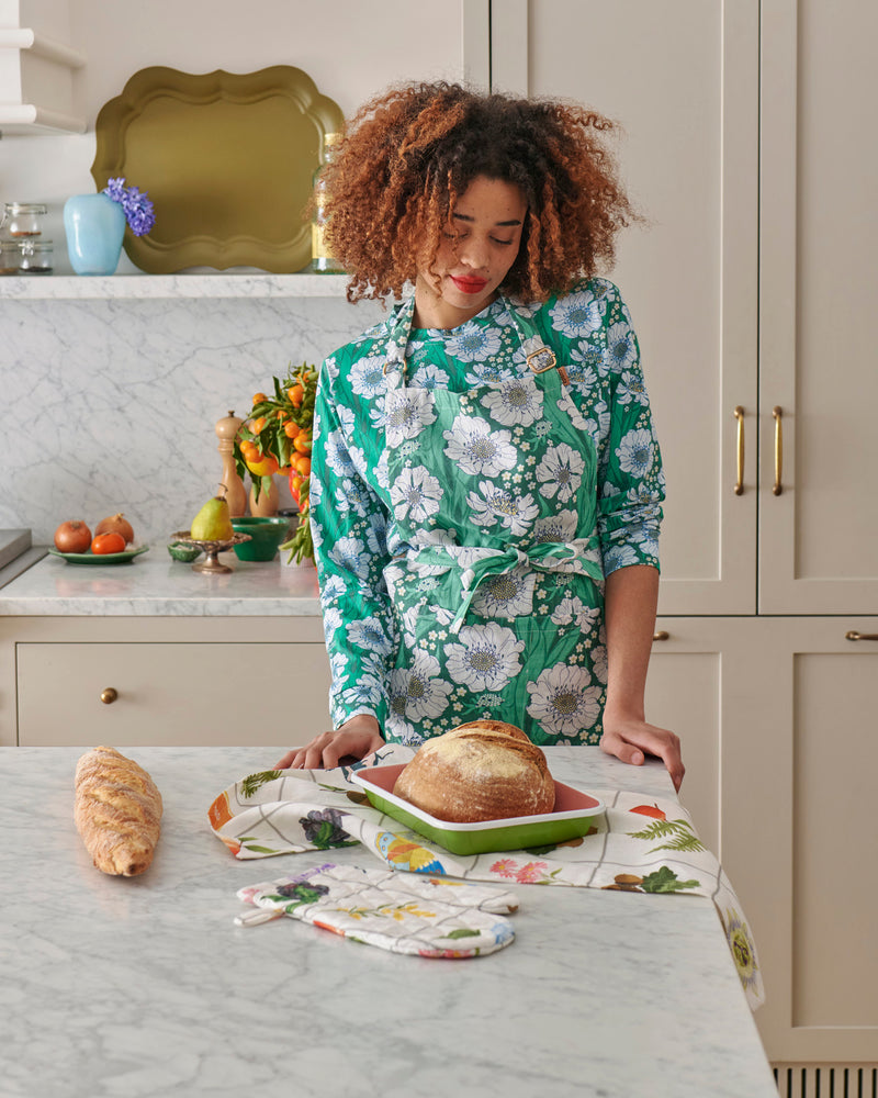 Tumbling Flowers Green Linen Apron