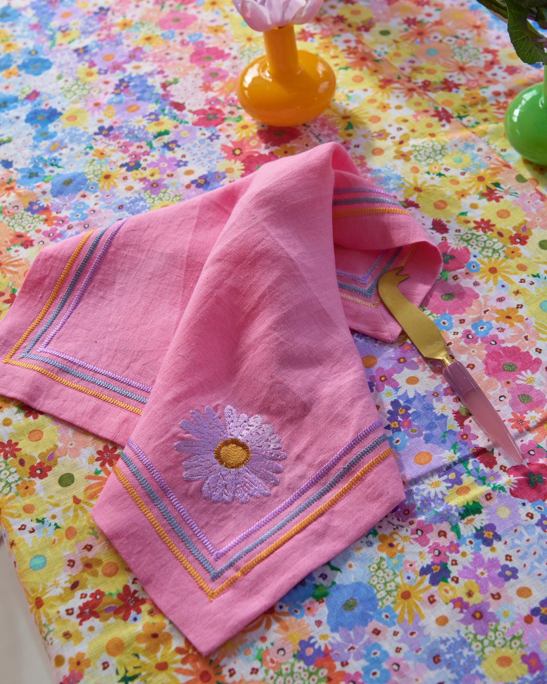 Pink Delight Embroidered Linen 4P Napkin Set