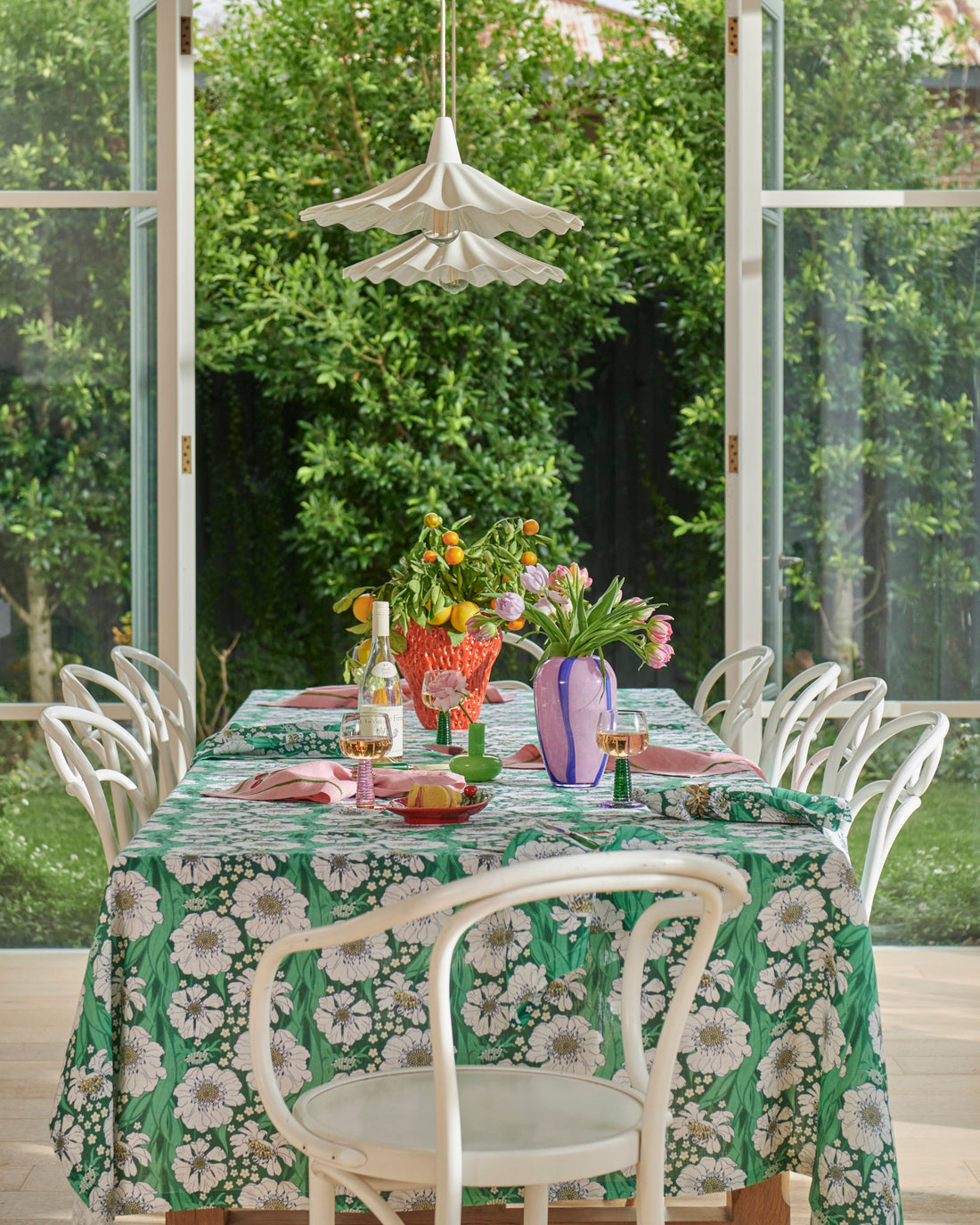 Tumbling Flowers Green Linen Tablecloth