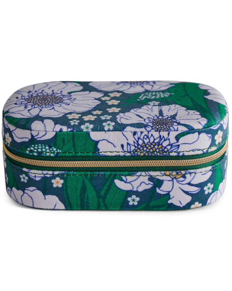 Tumbling Flowers Green Travel Velvet Jewellery Box