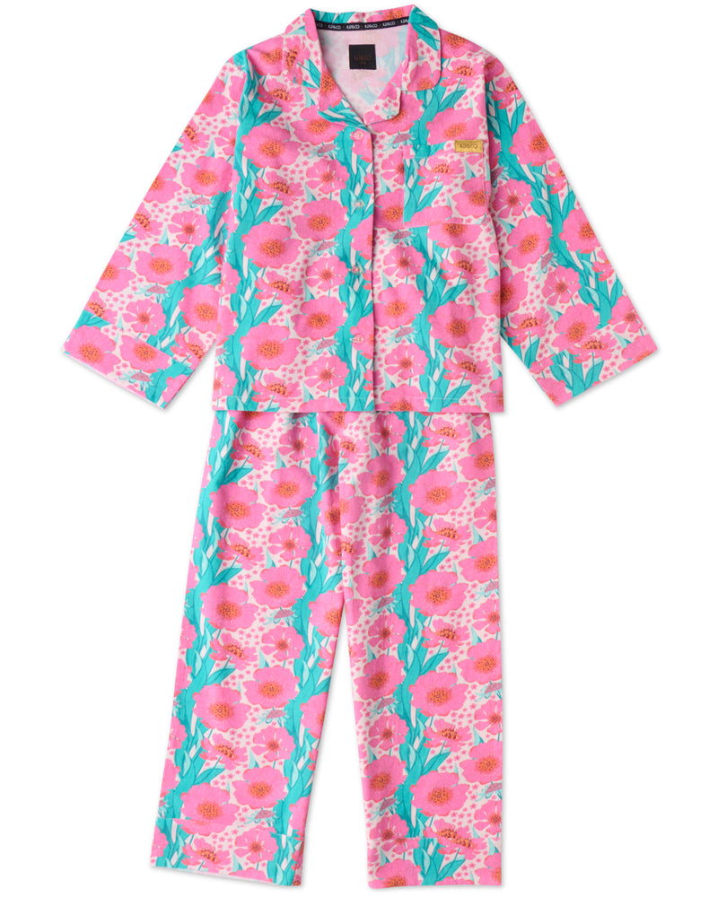 Tumbling Flowers Pink Flannelette Long Sleeve Shirt & Pant Pyjama Set