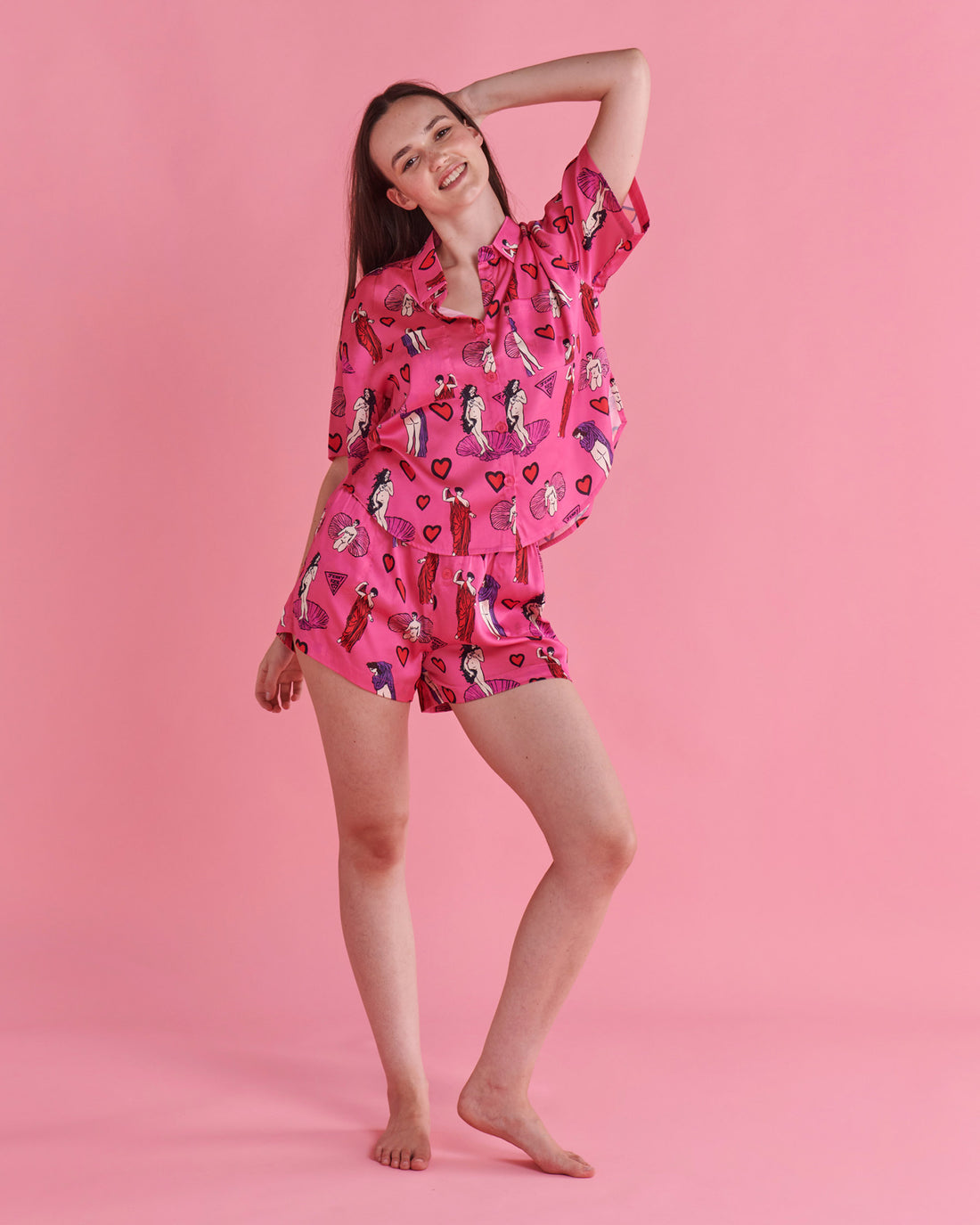 Kip&Co x Jenny Kee Pretty In Pink Eco Satin Short Sleeve Shirt & Short Pyjama Set