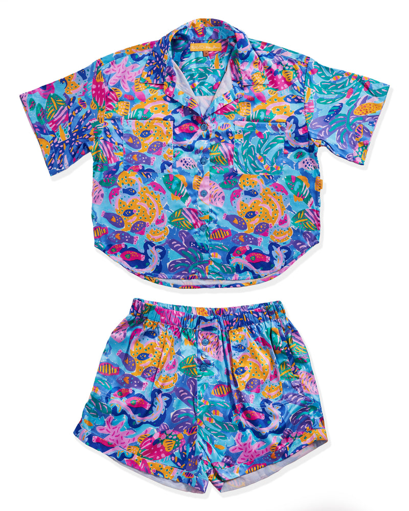 Kip&Co x Ken Done Reef Garden Eco Satin Short Sleeve Shirt & Short Pyjama Set