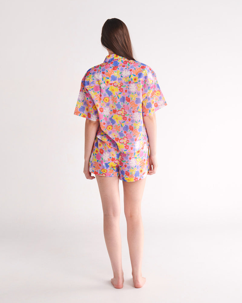 Kip&Co x Ken Done Summer Floral Lilac Organic Cotton Short Sleeve Shirt & Short Pyjama Set