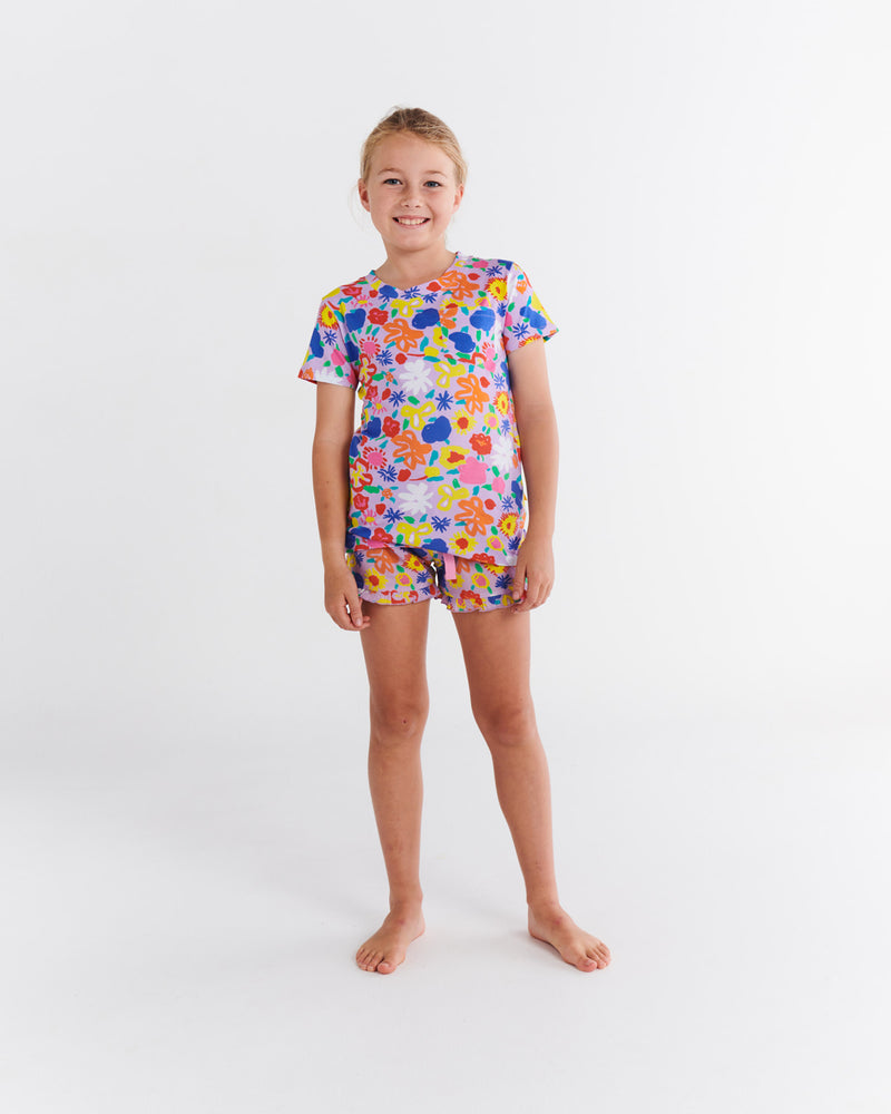 Kip&Co x Ken Done Summer Floral Lilac Organic Cotton Short Sleeve Tee & Frill Short Pyjama Set