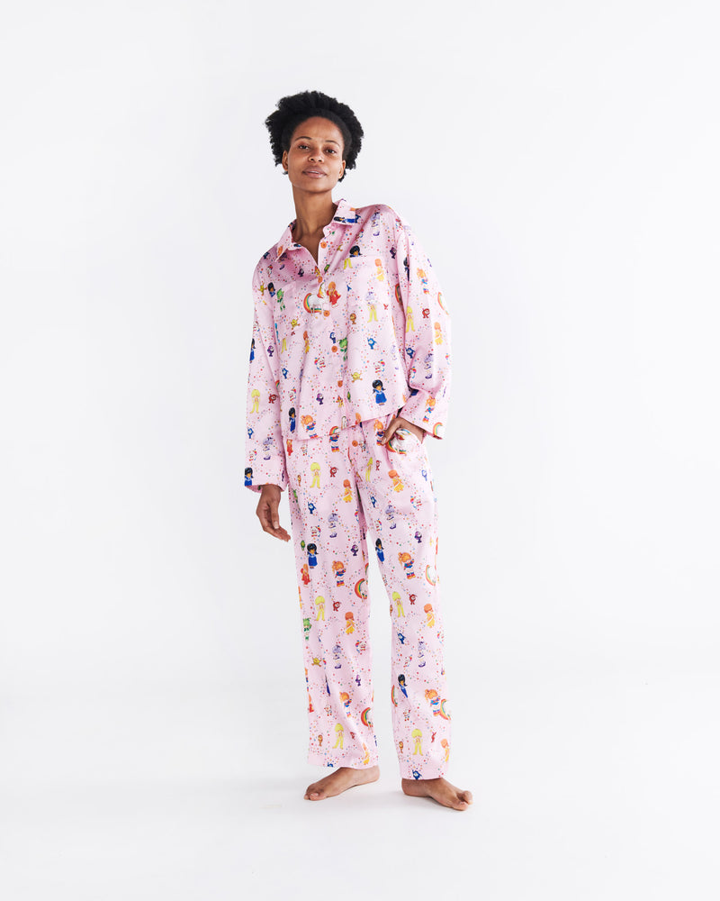 Kip&Co x Rainbow Brite Star Shower Eco Satin Adult Long Sleeve Shirt & Pant Pyjama Set