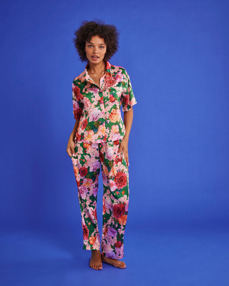 Rose Garden Eco Satin Short Sleeve Shirt & Pant Pyjama Set